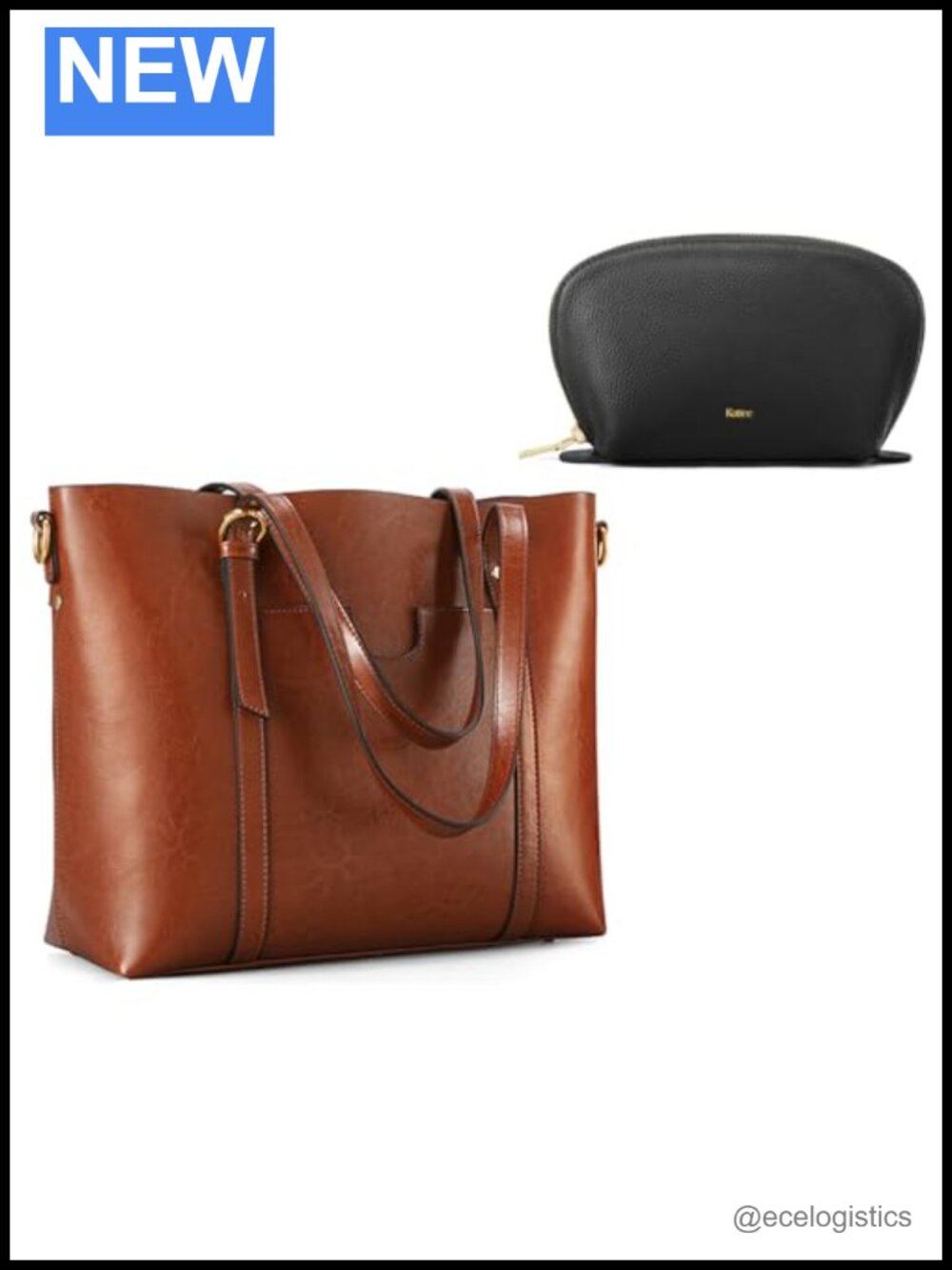 Vintage Waxed Cowhide Leather Tote with Makeup Pouch Shoulder Bag